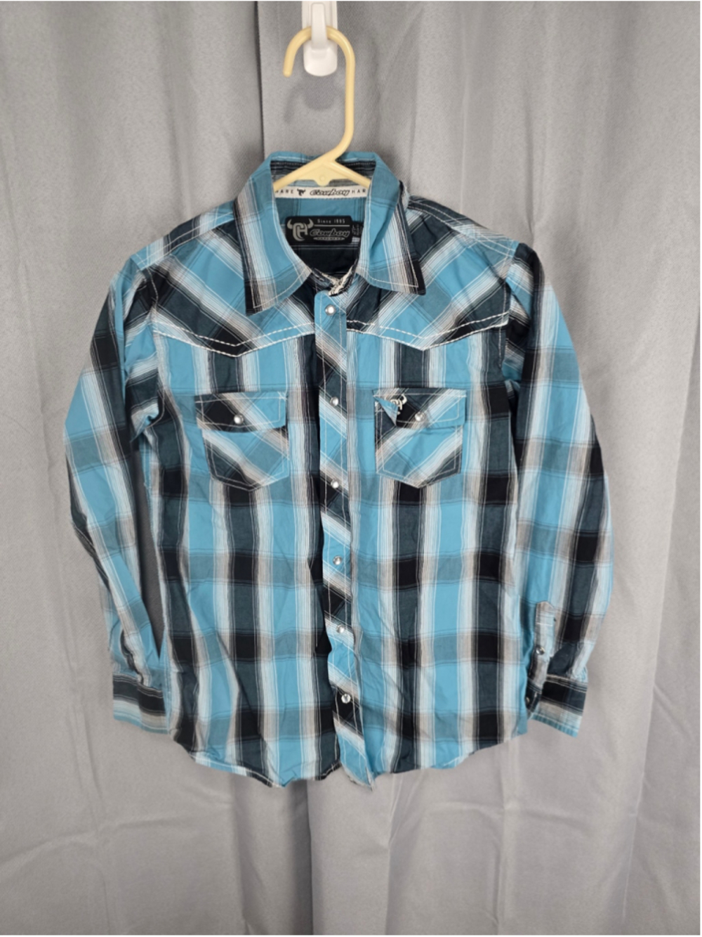 Boy's Cowboy Hardware Plaid Casual Button Down Shirt Blue Black Size L
